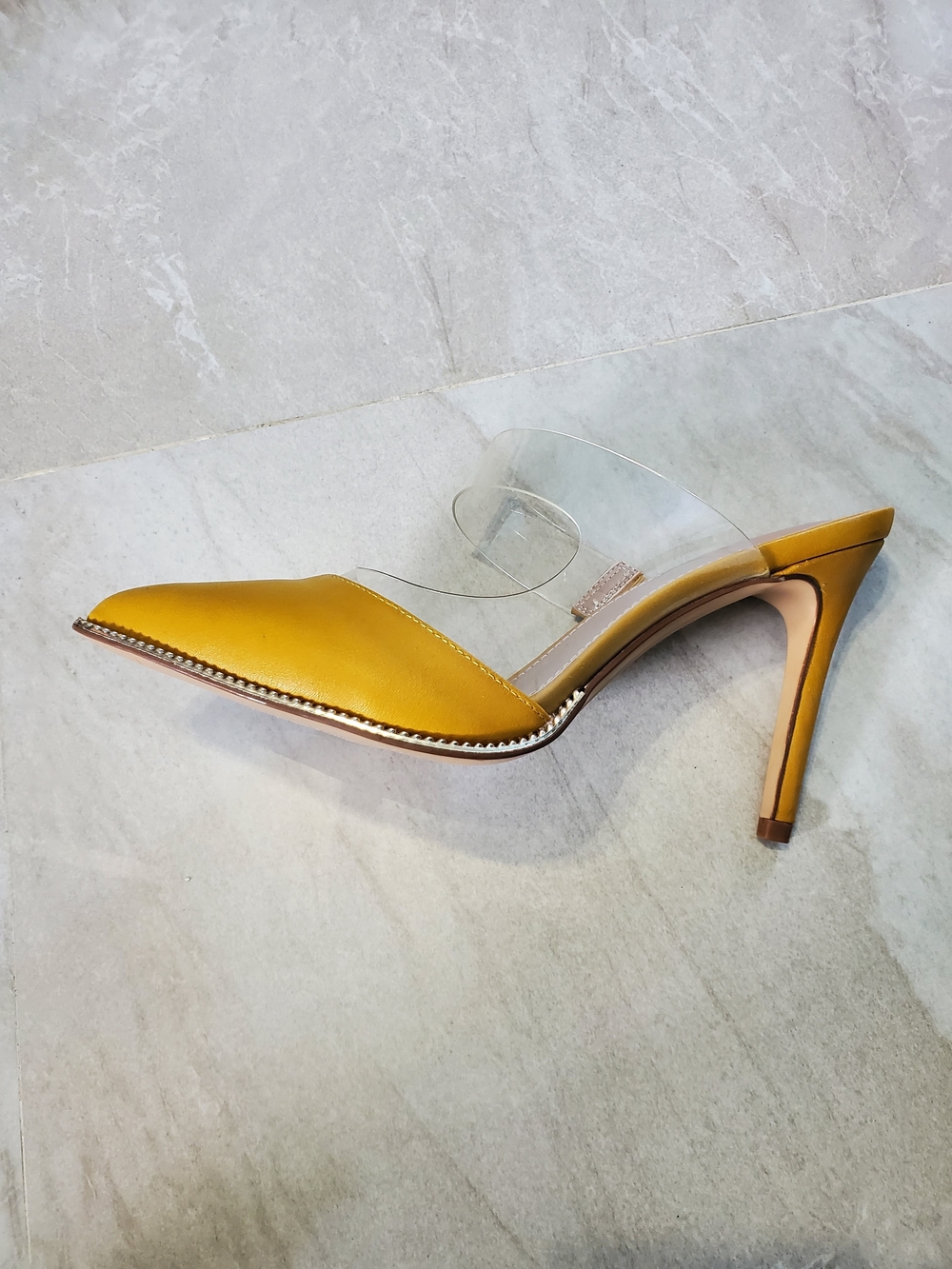 BCBGeneration Yellow Pointed Mule with Clear Double Straps